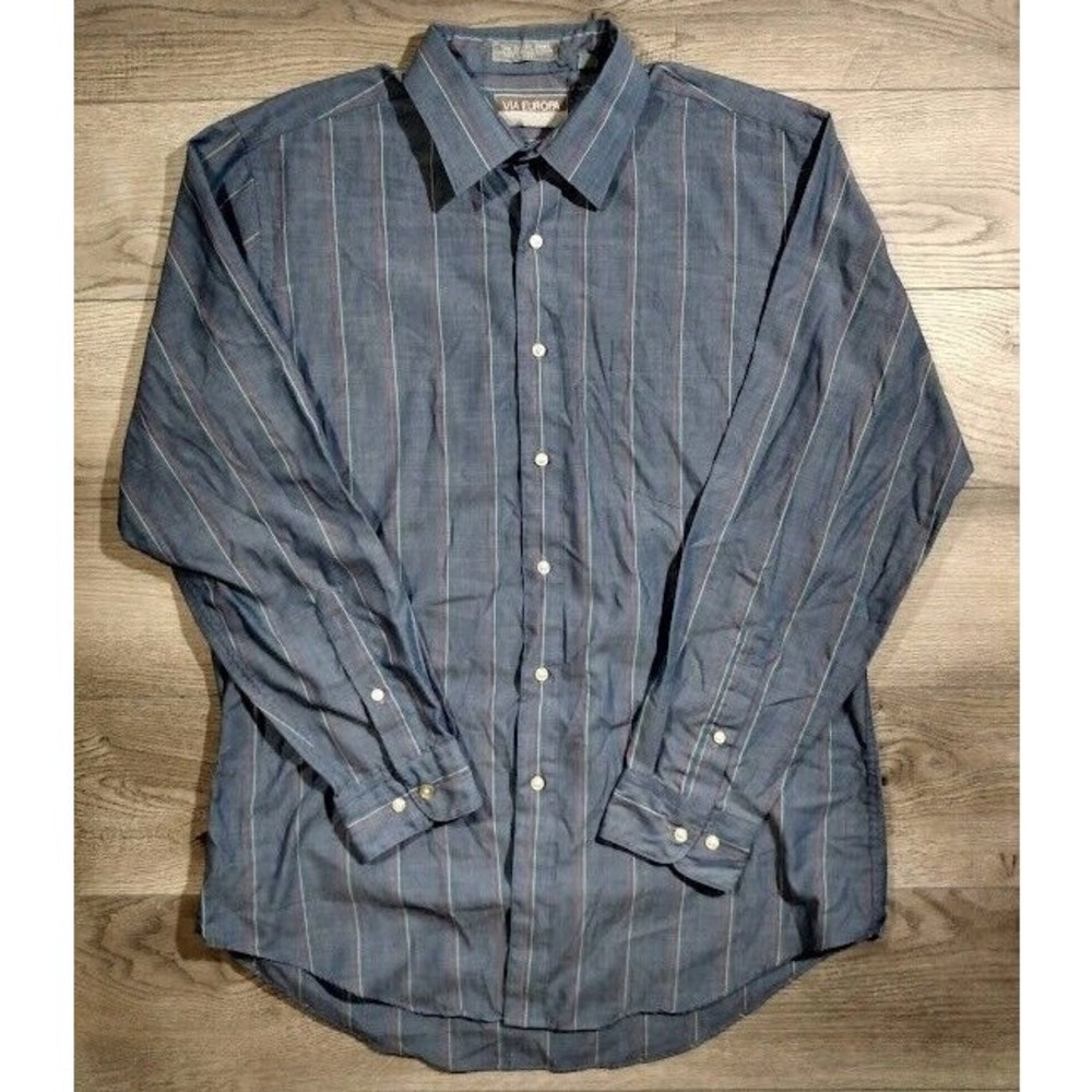 Via Europa Long Sleeve Fitted Casual Button Up Shirt Mens 16 1/2 32-33 Striped